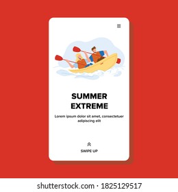 Vacation Summer Extreme In Kayak On River Vector. People Couple Exercising Extreme Water Transport. Characters With Paddles And Life Vest Kayaking Sportive Lifestyle Web Flat Cartoon Illustration