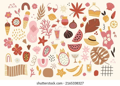 Vacation summer set - ice cream, flowers, rainbow, swimsuit, sunglasses, palm leaf, monstera, banana, papaya, starfish, coral, dragon fruit, straw hat, leaves, lemon, strawberry, cocktail, fig