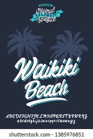 Tiempo de verano de vacaciones. Playa Waikiki. Ilustración vectorial. Tipo y logotipo retro.Estilo veraniego.