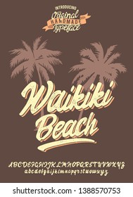 Vacation summer time. Waikiki beach. Vector illustration. Retro typeface and logo. Summer style.