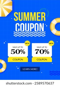 Vacation Summer Travel Coupon banner template with coupon code, price off percentage, life buoy, umbrella isolated on gradient background. Gift voucher for resort booking in vector illustration