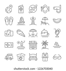 Vacation, summer and travel icons set. Line style