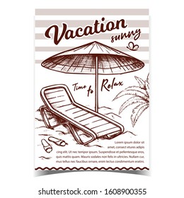 Vacation Sunny Beach Advertising Banner Vector. Beach Chair With Umbrella And Slippers. Relaxation Plastic Deckchair And Parasol. Concept Template Hand Drawn In Vintage Style Monochrome Illustration