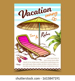 Vacation Sunny Beach Advertising Banner Vector. Beach Chair With Umbrella And Slippers. Relaxation Plastic Deckchair And Parasol. Concept Template Hand Drawn In Vintage Style Color Illustration