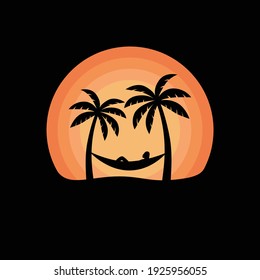 Ilustración vectorial de silueta de puesta de sol de vacaciones con palmeras y hombre en hamaca 