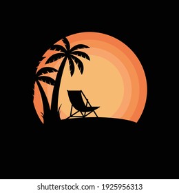 Vacation sunset silhouette vector illustration with palm trees and beach chair