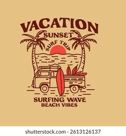 vacation sunset surfing beach vibes hand drawn nature vector graphic