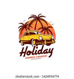 Vacation surf beach for t-shirt print or posters with sunset and retro car