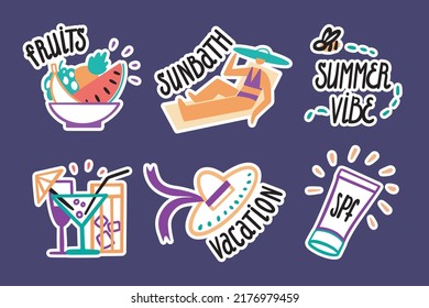 Vacation and tan. Set of vector stickers. Sun bath, fruits, summer vibe, spf, cocktails. Cartoon flat style.
