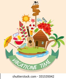 Vacation theme with cabin and beach objects illustration