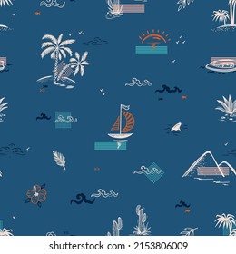 Vacation Theme. Summer Seascape Seamless Pattern. Palm trees silhouettes , Islands, Sea waves, Sailboats, Tropical Plants and Sunny Dawn on Blue Background. Vector illustration