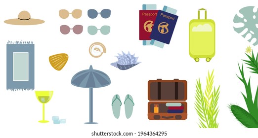 vacation theme, travel, a set of beach accessories,hat, suitcase, tickets, passports, glasses, beach umbrella, surfboard, slates, cocktail glass, seashells, tropical plants