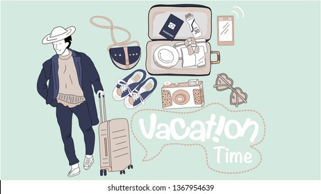 Vacation time banner with all needed stuffs for traveling and the pastel background. -Vector