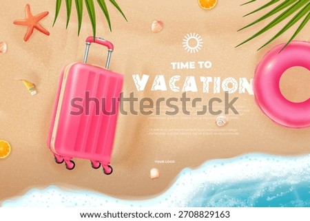 Vacation time banner. Realistic beach sand top view, sea ocean water wave on shore with travel bag luggage inflatable ring palm leaves shells summer holiday 3d vector illustration