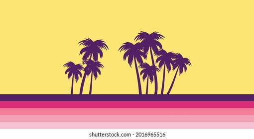 Vacation time. Beach and Summer background. Trendy Sunset with palm treess silhouette. Sunset with colorful beach and palms. Vector illustration. Ideal for print, poster, wallpaper, fabric, fashion.