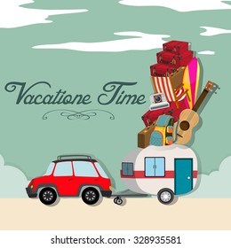 Vacation time with car full of luggages illustration