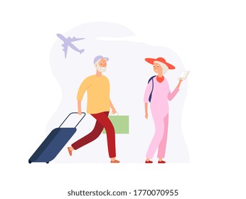 Vacation time. Elderly travellers with luggage on airport terminal. Tourism, flight on sea. Woman man with suitcases awaiting boarding vector concept