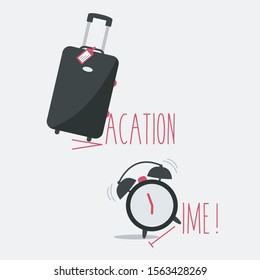 vacation time flat design symbol. black luggage, baggage or suitcase cartoon isolated sign tag name icon. alarm clock rings simple. tourism &Travel. summer or winter holiday vector. relax illustration