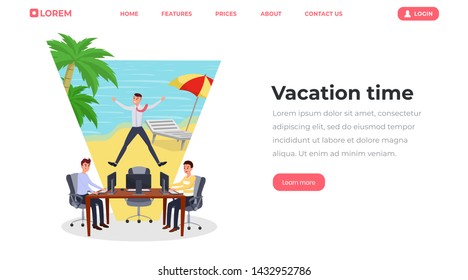 Vacation time flat landing page template. Office worker dreaming of tropical beach holiday website, webpage. Young men working on laptop, programmers, project managers cartoon characters