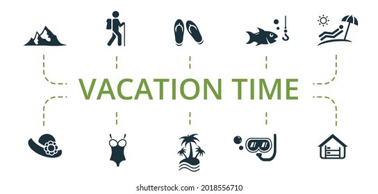 Vacation Time icon set. Contains editable icons theme such as swimsuit, palm trees, diving and more.