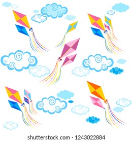 Vacation time. Kite  pattern. Summer children's endless background, texture. Game backdrop. Pattern for the Indian holiday Makar Sankranti with colorful kites. Vector illustration