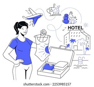 Tiempo de vacaciones - moderna línea de diseño de estilo colorido ilustración sobre fondo blanco. Una composición con una chica feliz empacando cosas. Imágenes del edificio del hotel, avión, postre. Idea itinerante