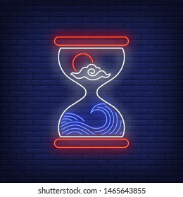 Vacation time neon sign. Sea wave, sun and cloud in hourglass. Time concept. Vector illustration in neon style, glowing element for topics like seaside, beach, cruise, resort