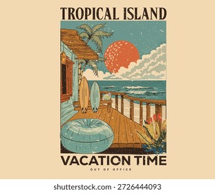 Tiempo de vacaciones. Palmera con obras de arte del resort. Complejo de playa tropical. Diseño gráfico de Vector de buen rollo de verano para póster. Felices fiestas. Bienvenido al diseño del paraíso de verano.