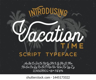 Tiempo de vacaciones. Tipo de script. Malibu. Hora de verano. Playa Waikiki. Ilustración vectorial. Tipo y logotipo retro. Estilo veraniego.