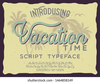 Vacation Time. Script typeface. Malibu. Summer Time. Waikiki beach. Vector illustration. Retro typeface and logo. Summer style.