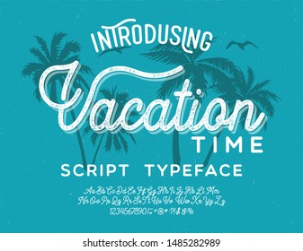 Vacation Time. Script typeface. Malibu. Summer Time. Waikiki beach. Vector illustration. Retro typeface and logo. Summer style.