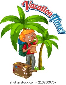 Icono de texto de tiempo de vacaciones con la ilustración de hombre viajando
