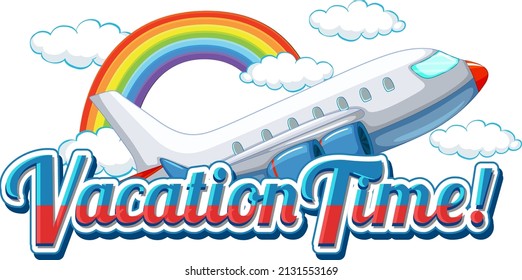Vacation time text icon with plane on sky on white background illustration