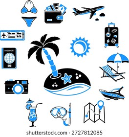 Concepto de tiempo de vacaciones y turismo Concepto de tiempo de vacaciones y turismo en estilo plano dos iconos de color como mapa, barco, equipaje, viaje, cóctel, isla y avión. Ilustración vectorial aislada