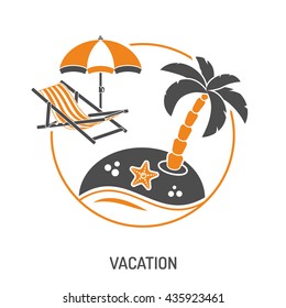 Vacation Time and Tourism Concept with Icons for Mobile Applications, Web Site, Advertising like Island, Umbrella and Deck Chair.