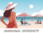 Vacation time. Woman on the beach in a swimsuit close-up and people sunbathing on the background of the shore. Vector illustration in a minimalistic style.