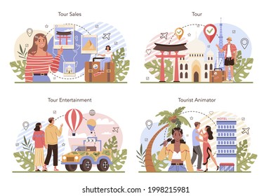 Conjunto de conceptos del tour de vacaciones. Idea de turismo alrededor del mundo. Entretenimiento de vacaciones, ocio de fin de semana para los turistas. Aventuras y recreación en el exterior. Ilustración vectorial plana