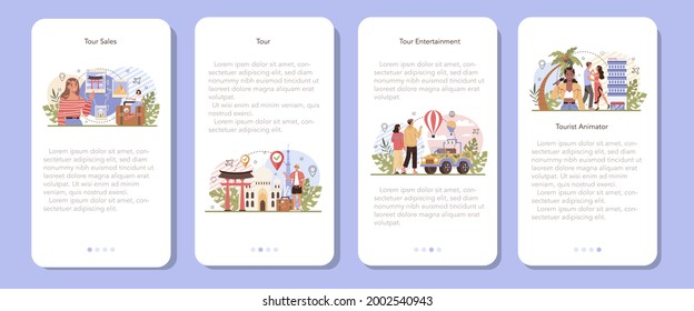Vacation tour mobile application banner set. Idea of tourism around the world. Holiday entertainment, weekend leisure for tourists. Abroad adventures and recreation. Flat vector illustration