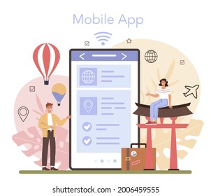 Vacation tour online service or platform. Tourism around the world. Holiday entertainment, leisure for tourists. Mobile app. Flat vector illustration