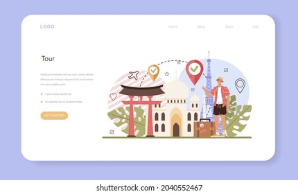 Vacation tour web banner or landing page. Idea of tourism around the world. Holiday entertainment, weekend leisure for tourists. Abroad adventures and recreation. Flat vector illustration