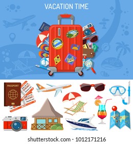 Vacation and Tourism Banner with Flat Icons Planning, Luggage, Trip, Cocktail, Island, Aircraft and Suitcase. Isolated vector illustration