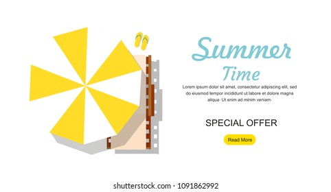 Vacation and Tourism Chaise lounge and umbrella. Summer Sale Web banner