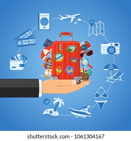 Vacation and Tourism Concept with Flat Icons Baggage Suitcase in Hand an two color icons passport, money, map, ticket, aircraft. Isolated vector illustration