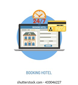 Vacation and Tourism Concept with Flat Icons for Mobile Applications, Web Site, Advertising like Planning, Booking, Hotel and Laptop.