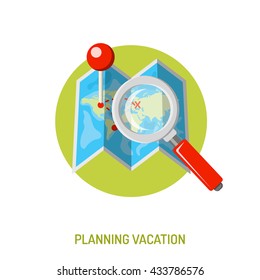 Vacation and Tourism Concept with Flat Icons for Mobile Applications, Web Site, Advertising like Planning, Map and Magnifier.
