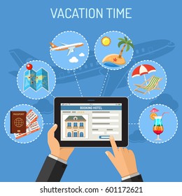 Vacation and Tourism Concept with flat icons. Man holding tablet PC in hand and Booking Hotel. isolated vector illustration