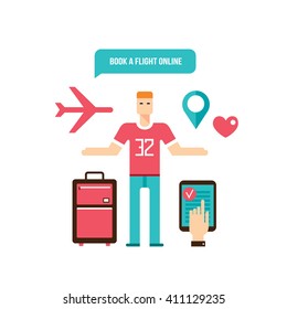 Vacation and Tourism design elements set Man with travel bag 