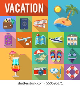 Vacation and Tourism Flat Icons Set with Long Shadow on Square like Boat, Cocktail, Island, Aircraft and Suitcase. vector illustration