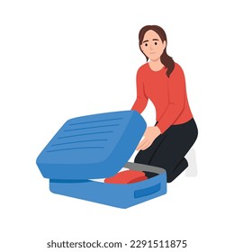 Vacation, tourism, holiday, arrival, hotel concept. Young happy woman or girl traveller tourist packs or unpacking suitcase. Preparation for vacation. Holiday recreation. Flat vector illustration isol