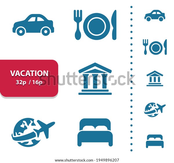 Vacation, Tourism Icons.\
Professional, pixel perfect icons, EPS 10 format, optimized for 32p\
and 16p